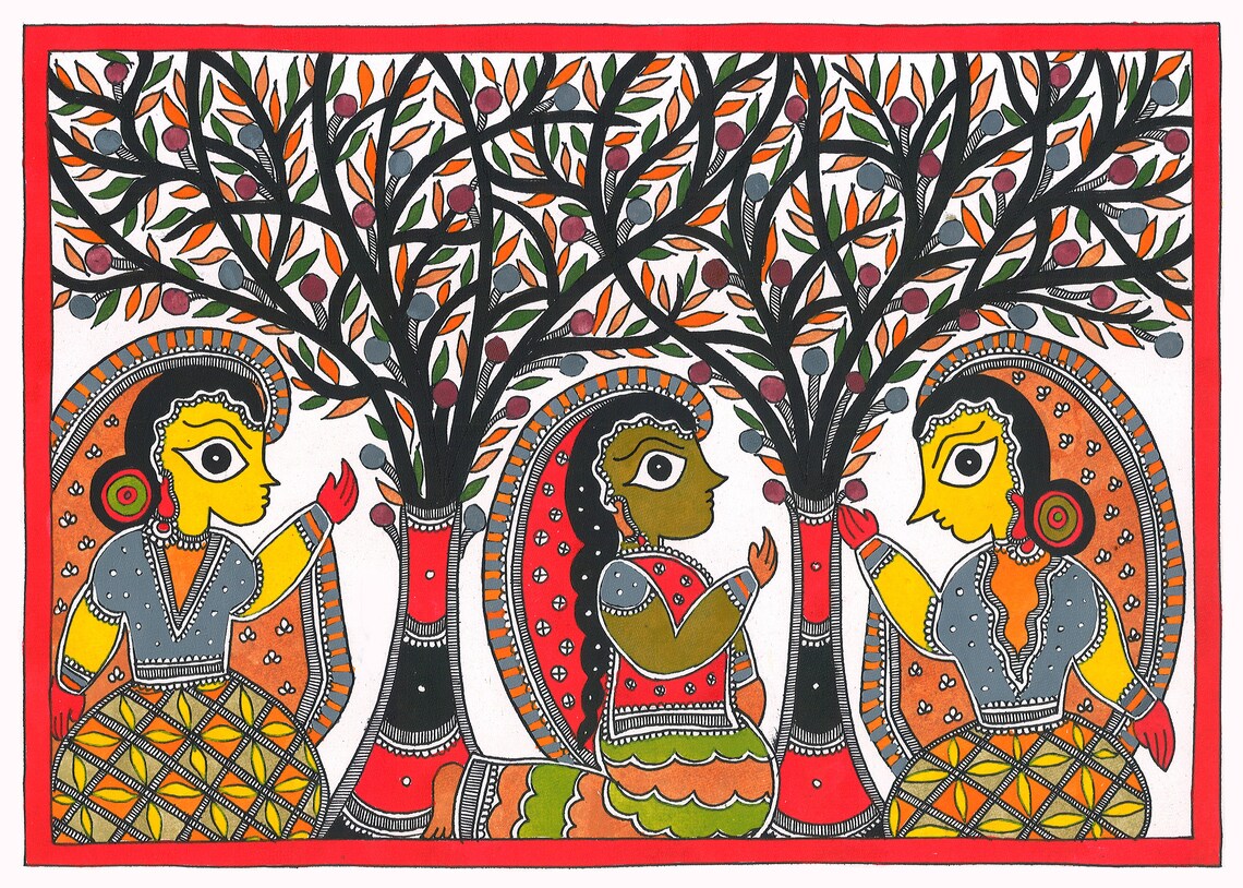 Three Mithila women under flowering tree Madhubani painting