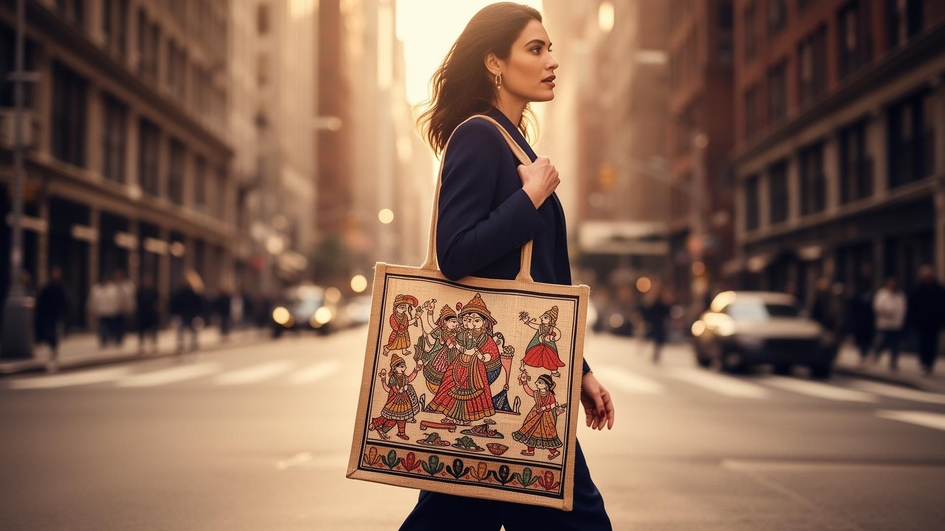 Professional woman walking with Madhubani tote bag in Manhattan street